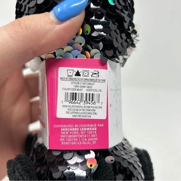 Sketchers Panda Sequin Cozy Socks Girls Size L/XL Black and Cute with Pink Bow - Picture 6 of 8